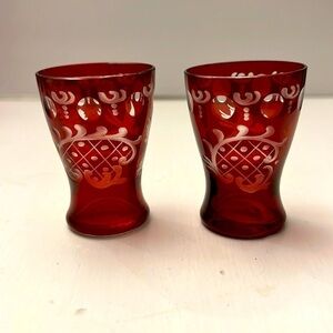 Pair of Bohemian Ruby red cordial glasses